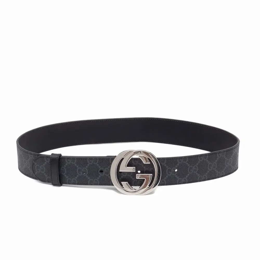 510$ GUCCI Men’s GG Supreme Interlocking G Buckle Black Grey Belt Size 80/32